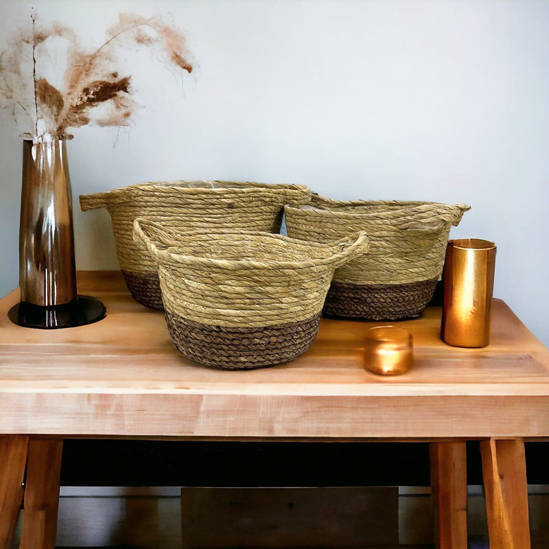 طقم باسكت خوص 3 قطع بمقاسات مختلفة لحمل وتنظيم الملابس ولعب الاطفال بيد لسهولة الحمل