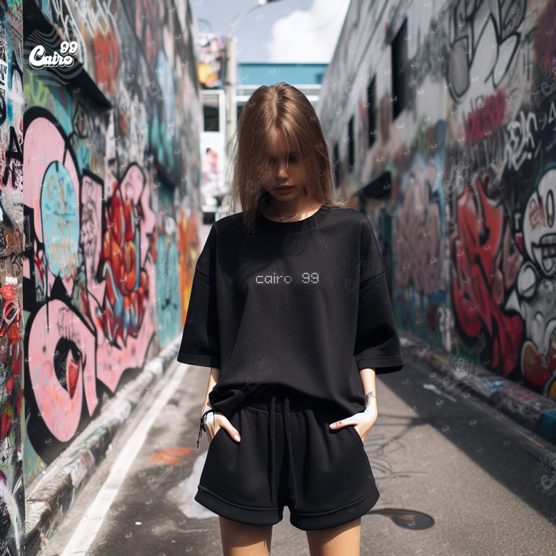 Back in Time تيشيرت اوفر سايز قطن باللون الاسود 