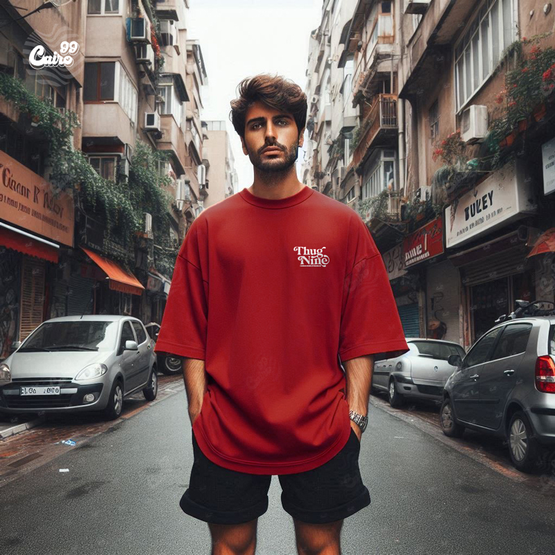 Thug Nine تيشيرت اوفر سايز قطن باللون الاحمر