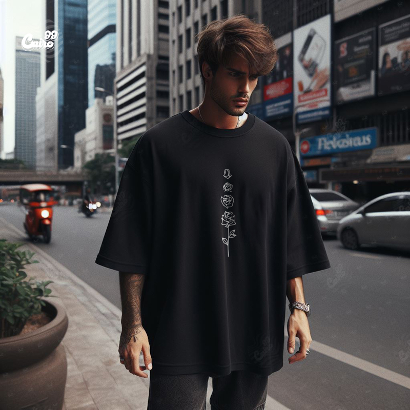 White Rose تيشيرت اوفر سايز قطن باللون الاسود