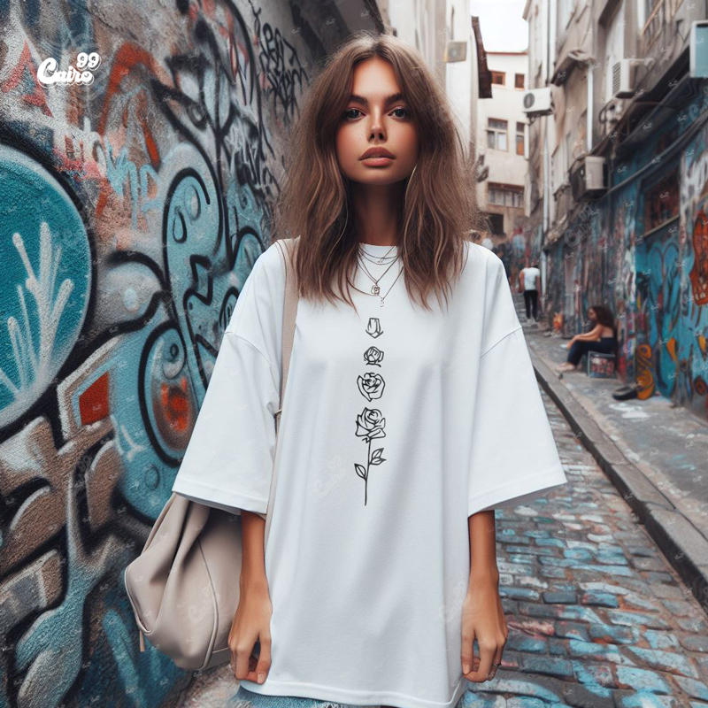 Flower تيشيرت اوفر سايز قطن باللون الابيض