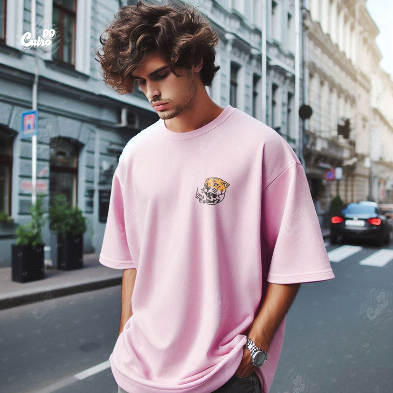 Tiger Skull تيشيرت اوفر سايز قطن باللون  البينك