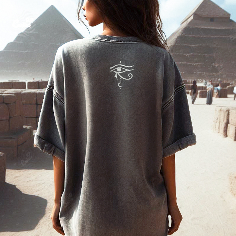 Pharaonic Cat تيشيرت اوفر سايز قطن باللون الرمادي 