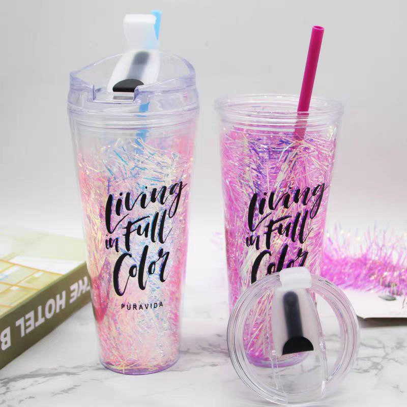 كوباية دابل مزين بالجليتر مع شاليموه وغطاء 600 مللي