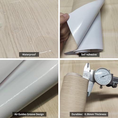 رول استيكر لاصق شكل خشبي لتجديد ديكور المطبخ باللون البيج الفاتح