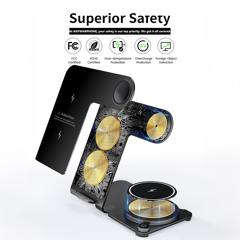 شاحن لاسلكي سريع 3 *1 لشحن الموبايل والايربودز والساعة الرقمية بقوة 15 واط