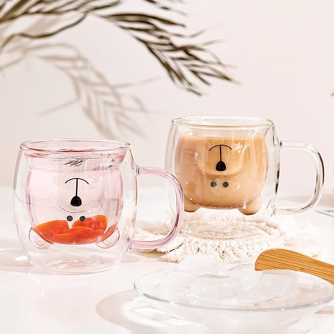 مج زجاج دبل شكل دبدوب 250 ملي لشرب النسكافيه والكابتشينو