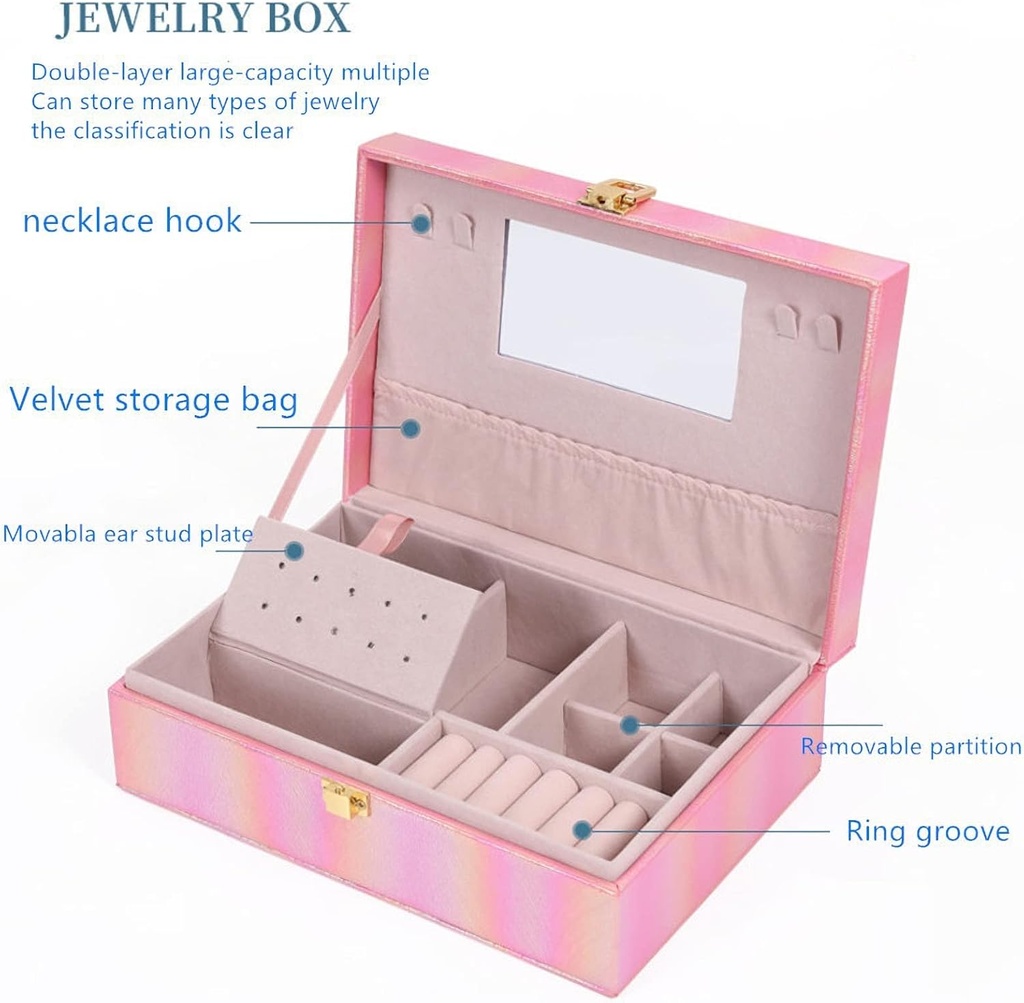 صندوق جلد بمرآة لتنظيم الإكسسوارات والمجوهرات بغطاء محكم الغلق