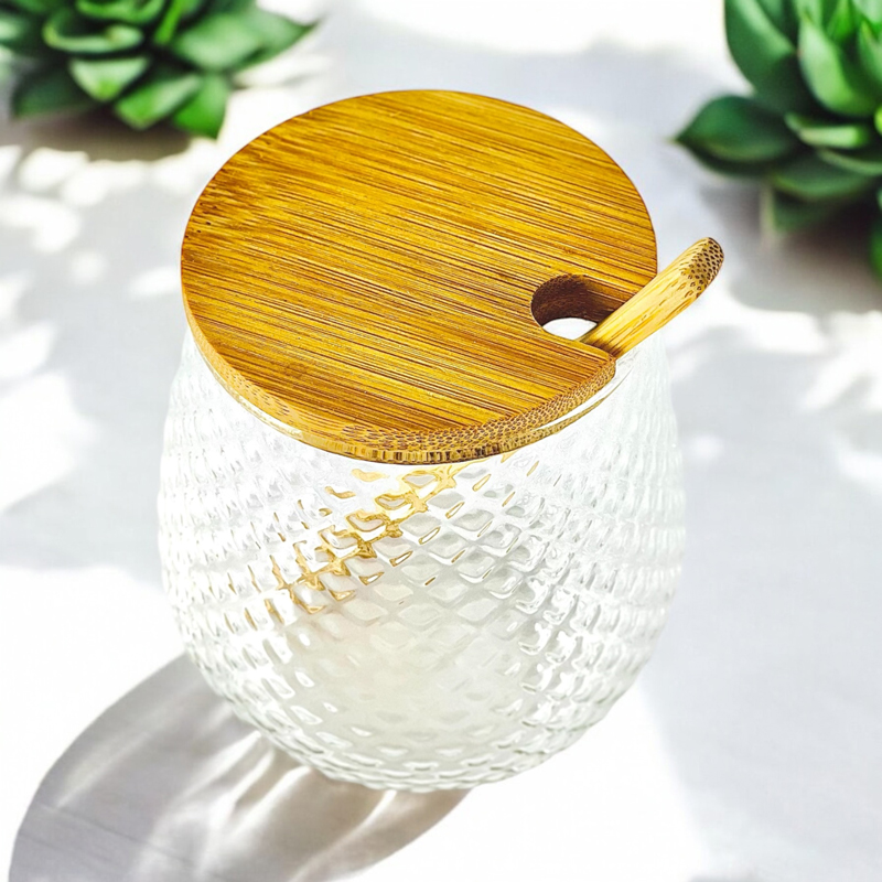 طقم برطمانات زجاج 3 قطع للتوابل مع قاعدة خشب 350 مللي