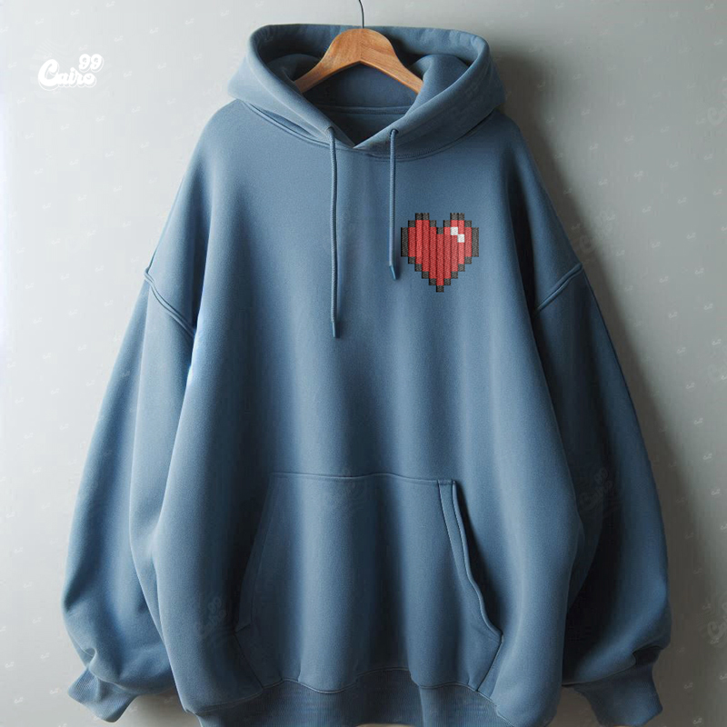 Pixel Heart هودي اوفر سايز قطن للنساء باللون البترولي