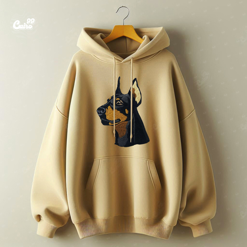 Doberman Dog هودي اوفر سايز قطن للرجال باللون البيج
