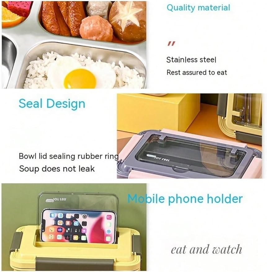 لانش بوكس مقسم الي  5 خانات بغطاء محكم وحامل الموبايل للمشاهدة الافلام أثناء الطعام