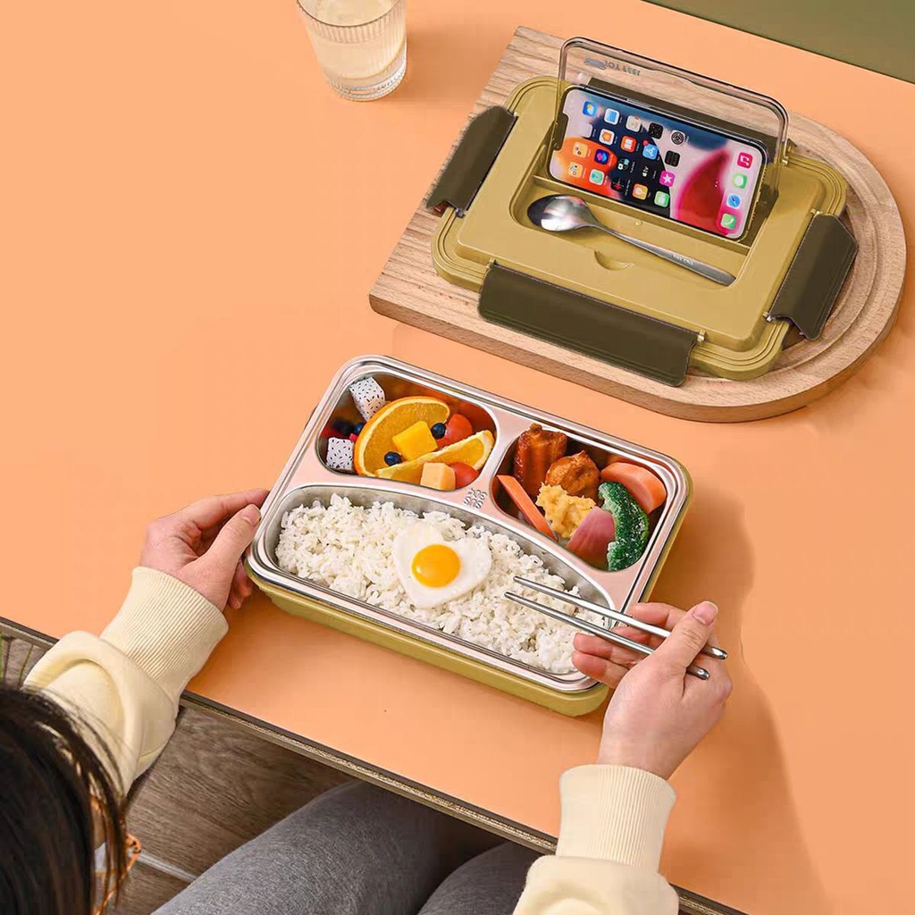 لانش بوكس مقسم الي  5 خانات بغطاء محكم وحامل الموبايل للمشاهدة الافلام أثناء الطعام