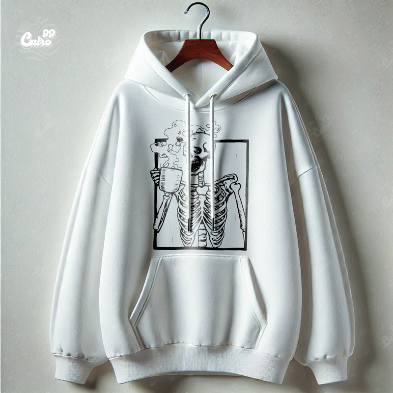 Chill Skeleton هودي اوفر سايز قطن للرجال باللون الأبيض