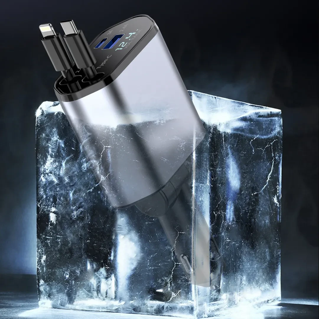 شاحن سيارة سريع للموبايلات 4*1 بكابلات قابلة للسحب ومنفذ يو اس بي - 120 واط