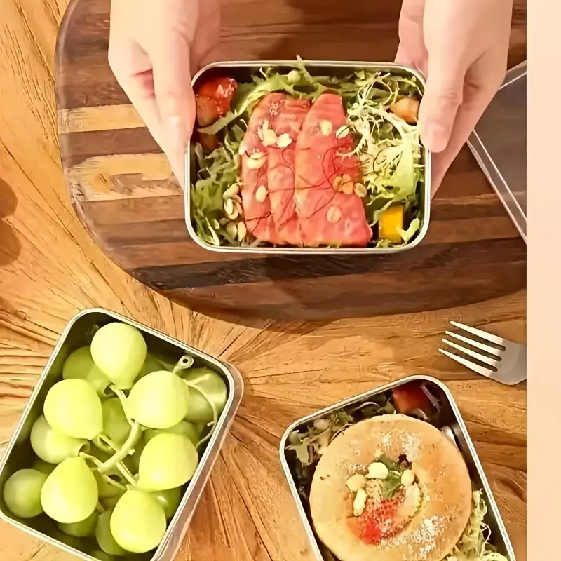 طقم علب ثلاجة ستانلس ستيل 3 قطع بمقاسات مختلفة بغطاء محكم الغلق لحفظ الطعام