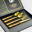 طقم معالق وشوك وسكاكين ستاليس ستيل جولد بيد خشب - 24 قطعة