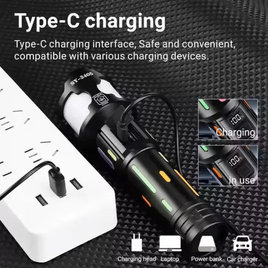 كشاف طوارئ ب 3 اوضاع اضاءة مختلفة مع شاشة ليد رقمية  _ بيو اس بي للشحن