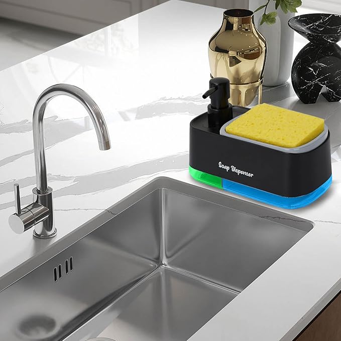موزع صابون 2 فى 1 يدوى مع حامل إسفنجة مدمج بقاعدة اكليريك للمطبخ