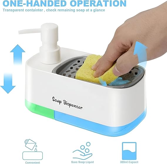 موزع صابون 2 فى 1 يدوى مع حامل إسفنجة مدمج بقاعدة اكليريك للمطبخ