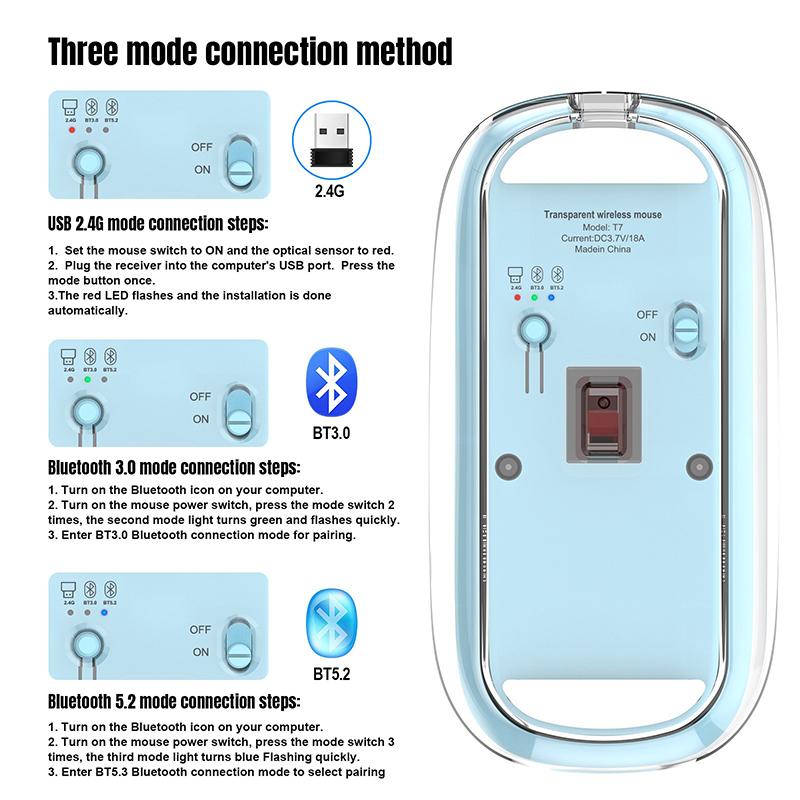 ماوس بلوتوث بتصميم شفاف لاسلكي ثلاثي الاوضاع مع منفذ يو اس بي