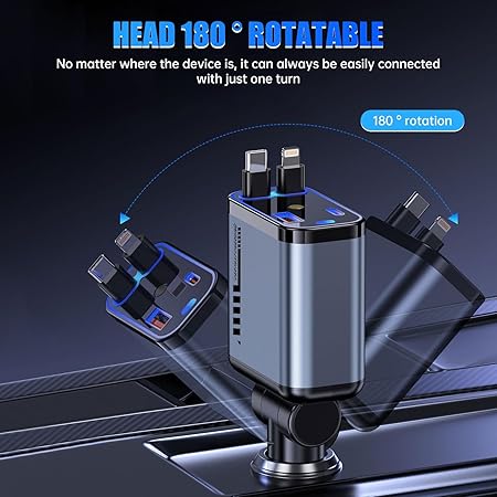 شاحن سيارة 4×1 مع ضوء ليد وكابلات قابلة للسحب ومنفذ يو اس بي _ 120 واط