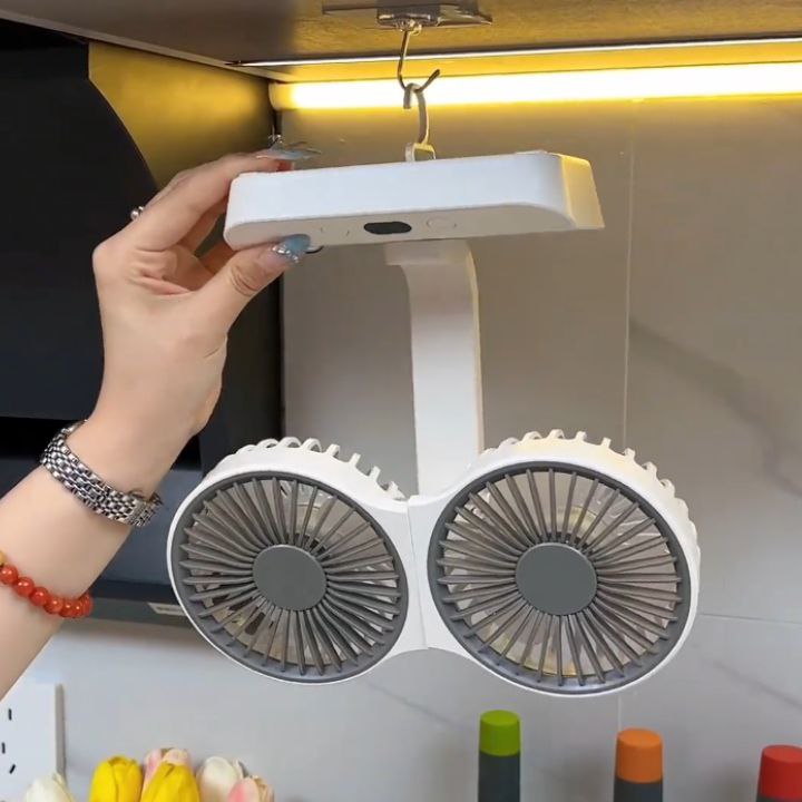 مروحة مكتب مزدوجة الرأس ب 4 سرعات مع إضاءة ليد قابلة لإعادة الشحن بيو اس بي