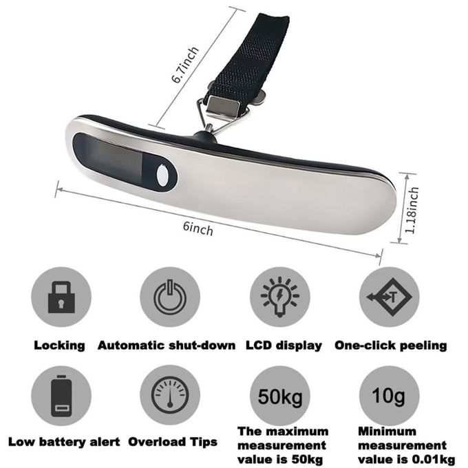 ميزان ديجيتال محمول لوزن شنط السفر بشاشة رقمية سهلة القراءة و بخاصية عرض درجة الحراره
