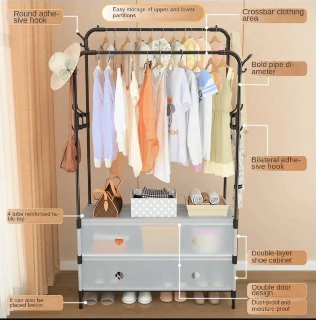 ستاند لتنظيم الملابس مع هوك جانبي لتعليق الشنط والاسكارف و 2 درج لتنظيم الاحذية