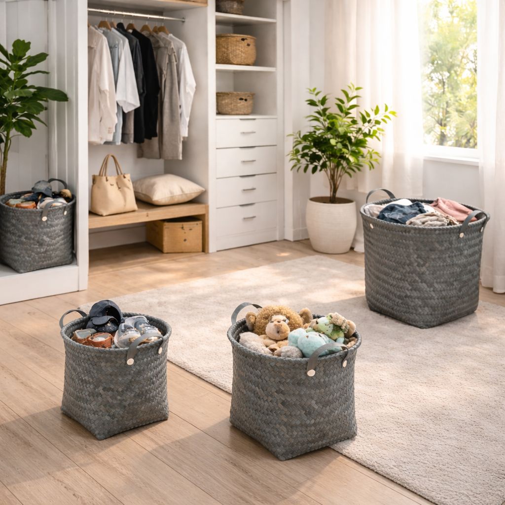 طقم باسكت تخزين من الرتان باللون الرمادي - 3 قطع