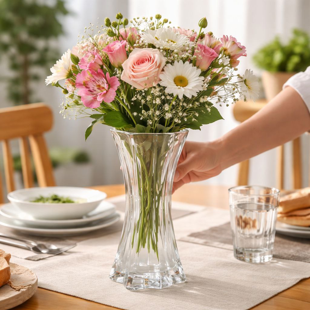 فازة زجاج شفاف شيك للورد بشكل مميز للديكور