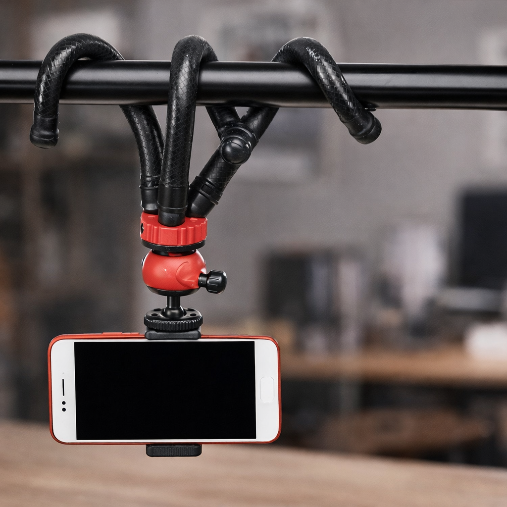 ترايبود بحامل ثلاثي مرن بتصميم اخطبوطي برأس كروية تدور 360 درجة مع مايك وإضاءة للتصوير