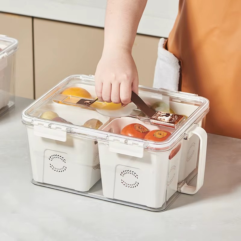 علبة ومنظم تلاجة اكريليك بمقبض وغطاء محكم بيد مقسمة ل 4 خانات بسعة 7 لتر