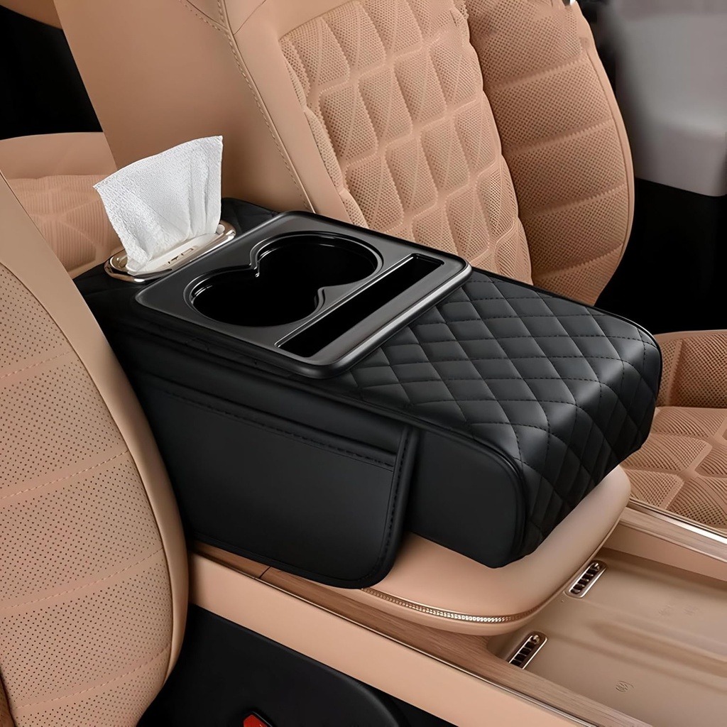 مسند سيارة جلد مبطن مع حامل أكواب مزدوج مع جزء مخصص للمناديل ومنظم جانبي