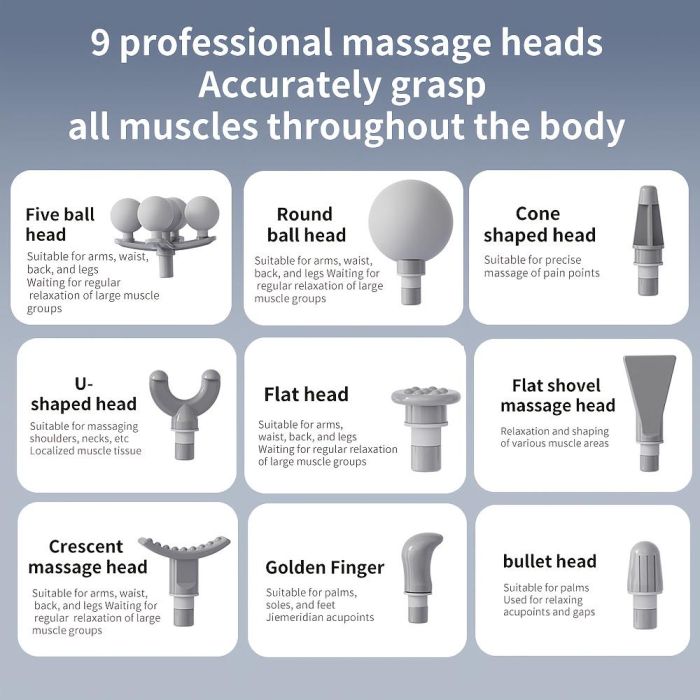 جهاز مساج للعضلات ب 6 سرعات مع 9 رؤوس قابلة للتبديل لتدليك عميق وتخفيف للإجهاد