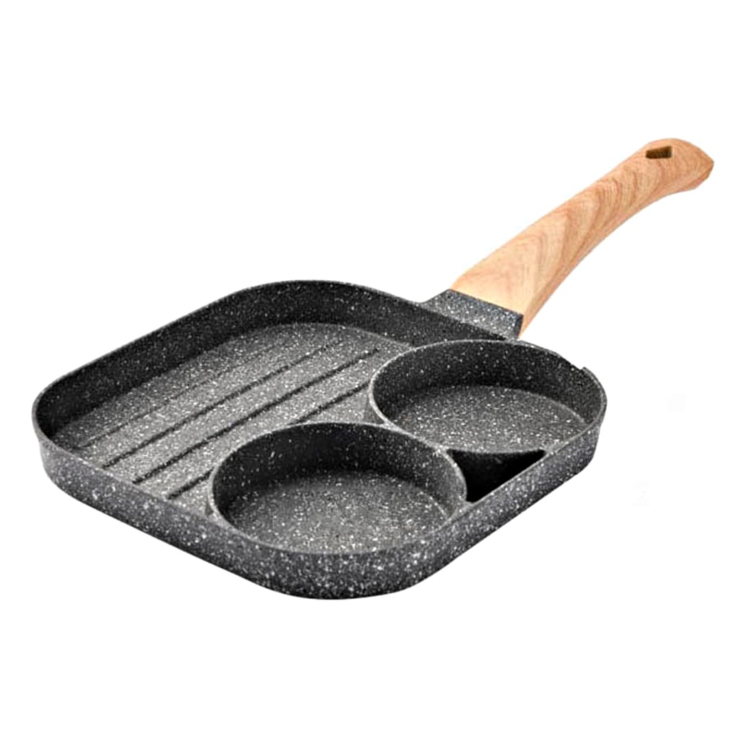 طاسة ألومنيوم مقسمة إلي 3 خانات بمقبض خشبي قابل للفك لقلي البيض والبرجر وشرائح اللحم