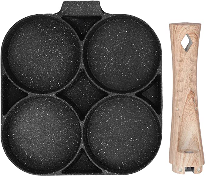 طاسة ألومنيوم بطبقة جرانيت غير لاصقة ٤ أقسام بمقبض خشبي لقلي البيض والبرجر شرائح اللحم والبان كيك
