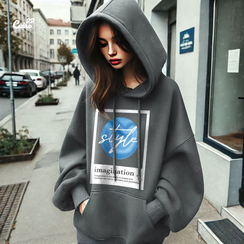 Style هودي اوفر سايز قطن باللون الرمادي