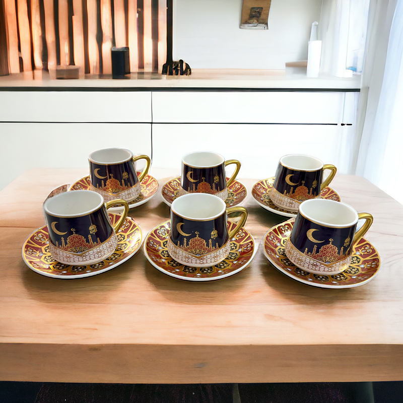 طقم شاي 12 قطعة 6 مجات مع 6 اطباق بورسلين مزين برسومات رمضانية مبهجة