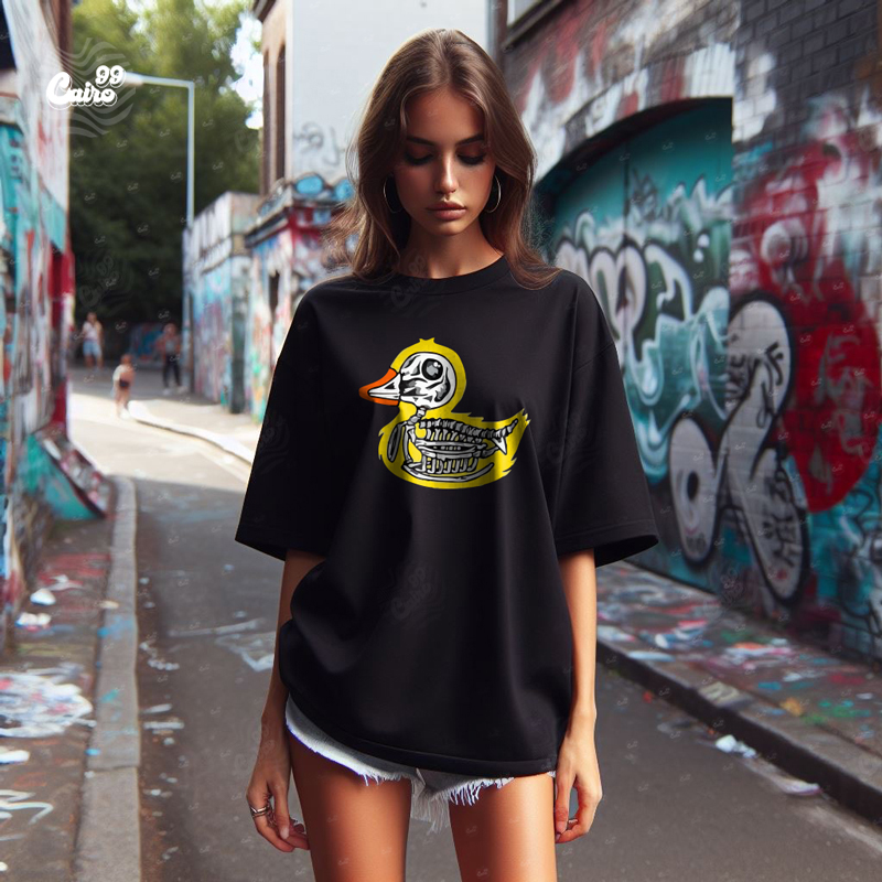 Skeleton Duck تيشيرت اوفر سايز قطن باللون الأسود للنساء