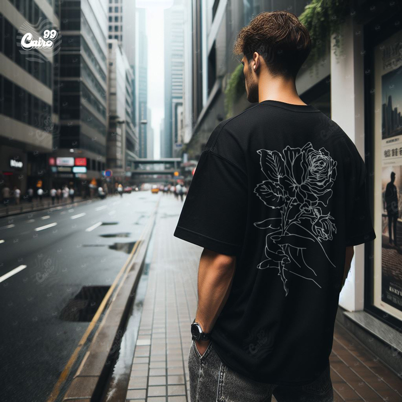 White Rose تيشيرت اوفر سايز قطن باللون الاسود للرجال