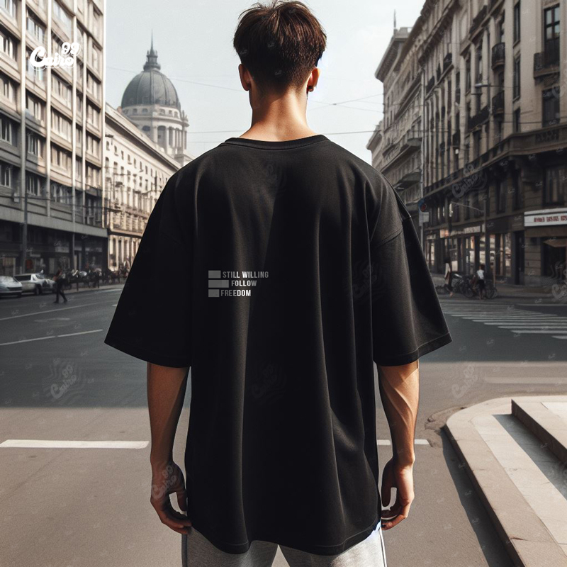 Still Willing Follow Freedom تيشيرت اوفر سايز قطن باللون الاسود للرجال