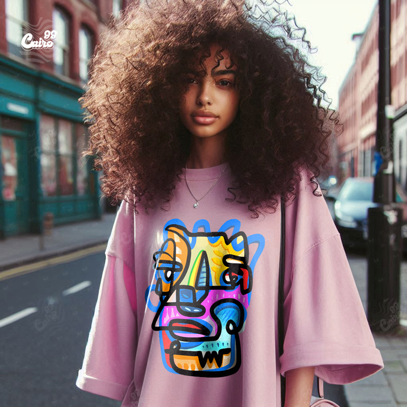 Doodle Art تيشيرت اوفر سايز قطن باللون البينك للنساء