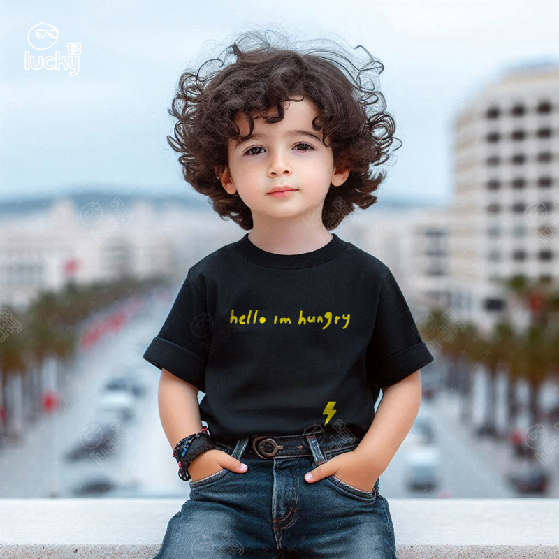 Hello Im Hungry تيشيرت اطفال قطن باللون الاسود