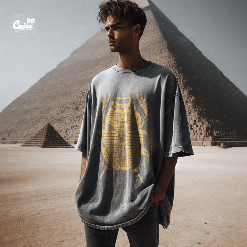 Gold Scarab pharaonic تيشيرت اوفر سايز قطن باللون الرمادي للرجال