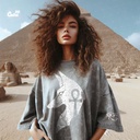 Key Of Life Ankh تيشيرت اوفر سايز قطن باللون الرمادي للنساء