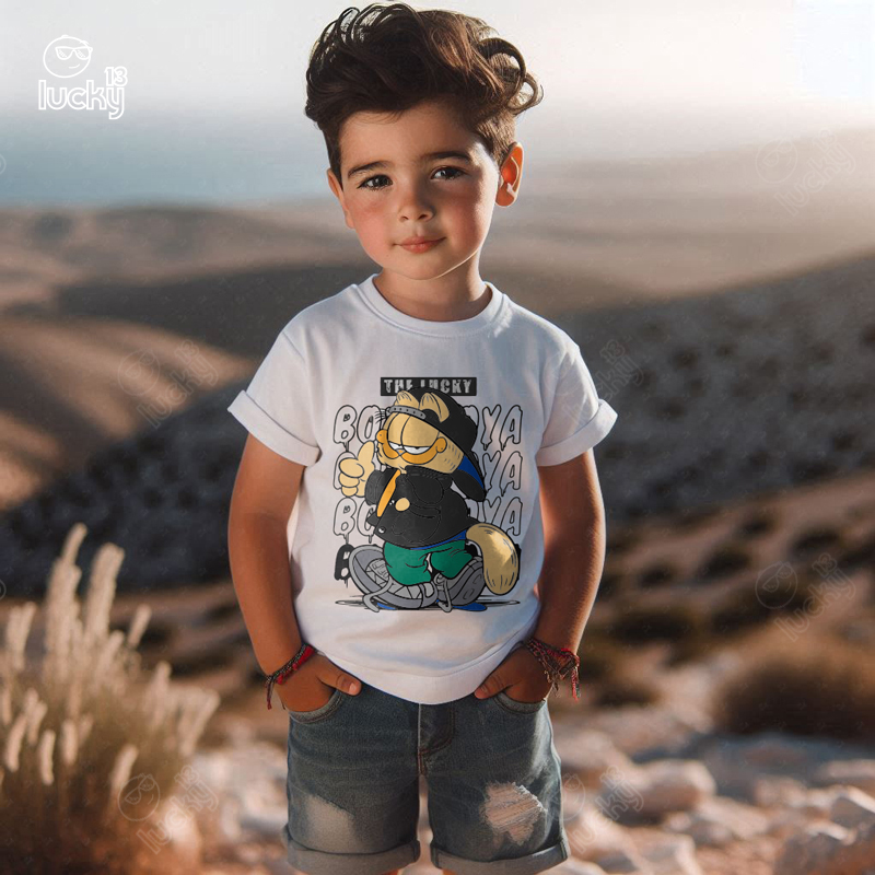 The Lucky Garfield تيشيرت اطفال قطن باللون الابيض