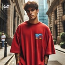 M TV تيشيرت اوفر سايز قطن باللون الاحمر للرجال