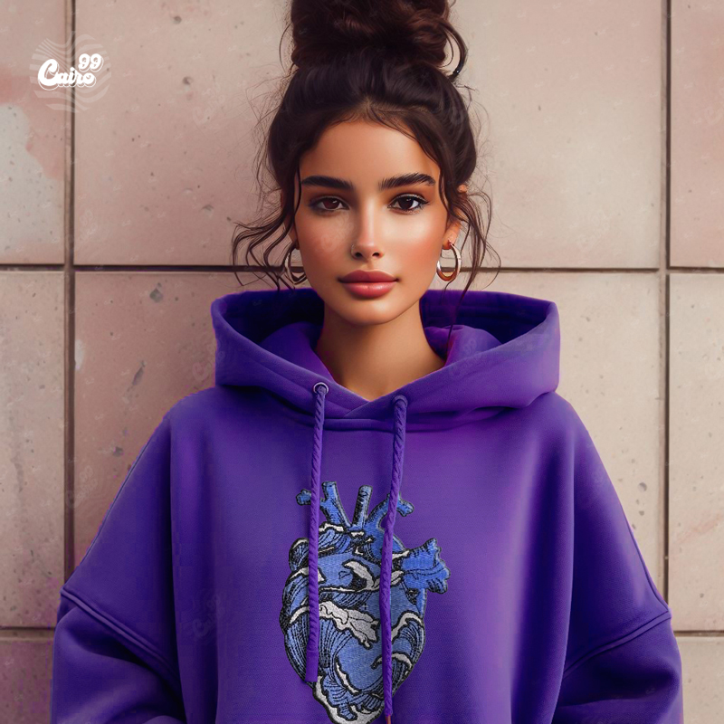 Blue Heart هودي اوفر سايز قطن للنساء باللون الموف
