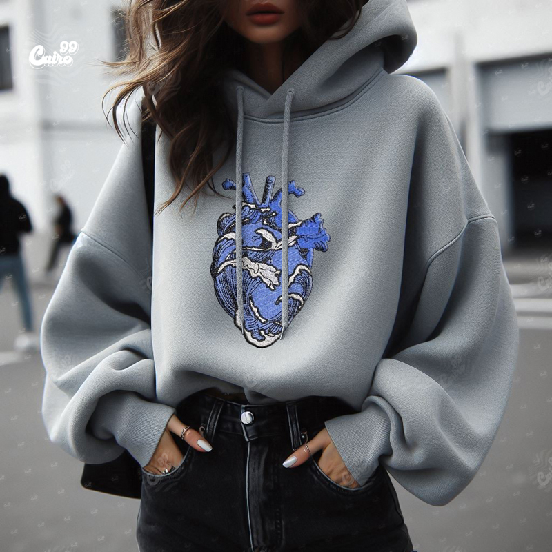 Natural Heart هودي اوفر سايز قطن للنساء باللون الرمادي